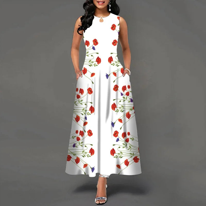 Flower Print New Casual Sleeveless Long Dress Women's V-Neck Printed Dress Swing Bohemian Retro Dresses - Hiron Store