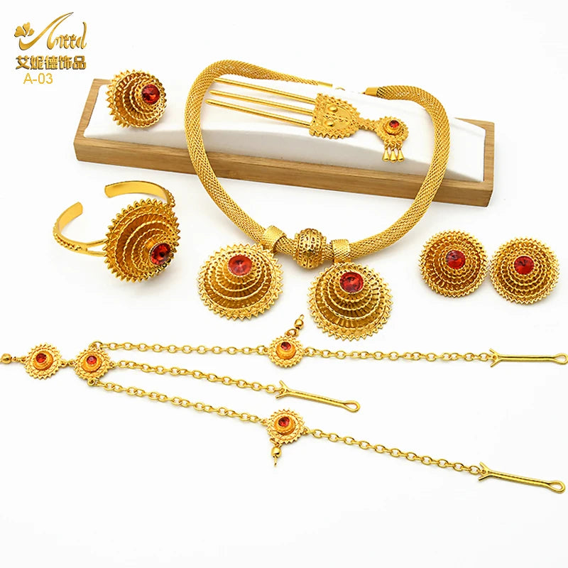 ANIID Ethiopian Gold Plated 6PCS Jewelry Set For Women Indian Red Crystal Luxury Jewellery Sets