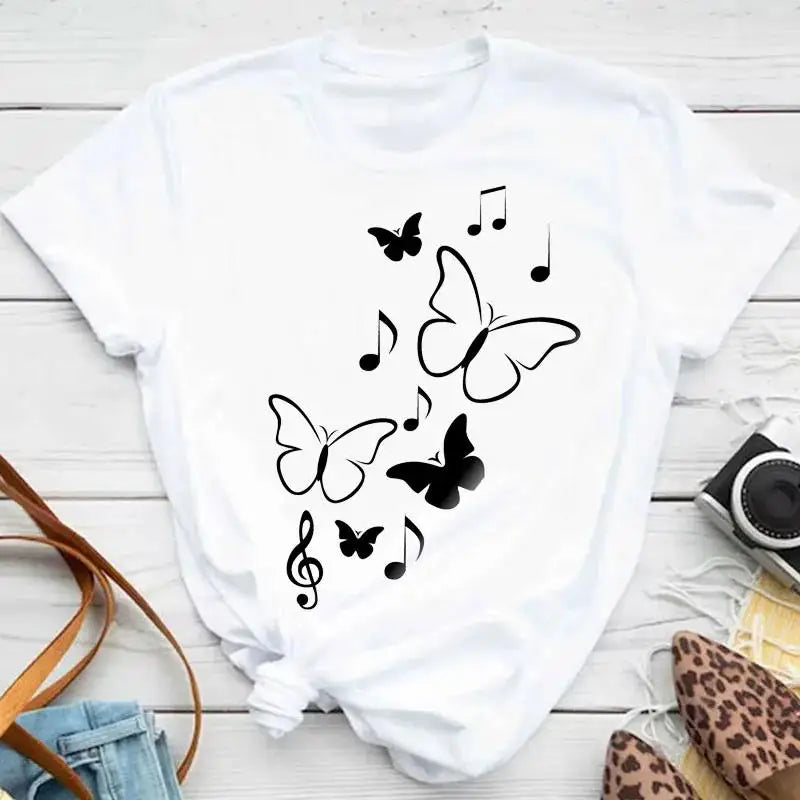 Fashion Women Men T Shirt Colorful Butterfly Petal Graphic Print T Shirt Casual Crew Neck Short Sleeve Plus Size T Shirt Unisex - Hiron Store