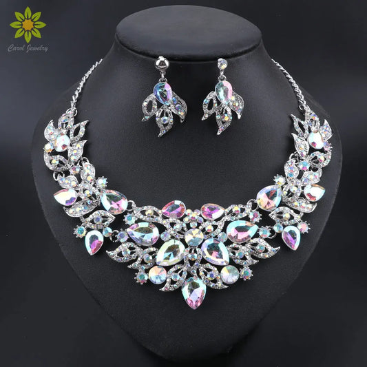 Bridal Jewellery Silver Colour Necklace Earrings Sets Crystal Set