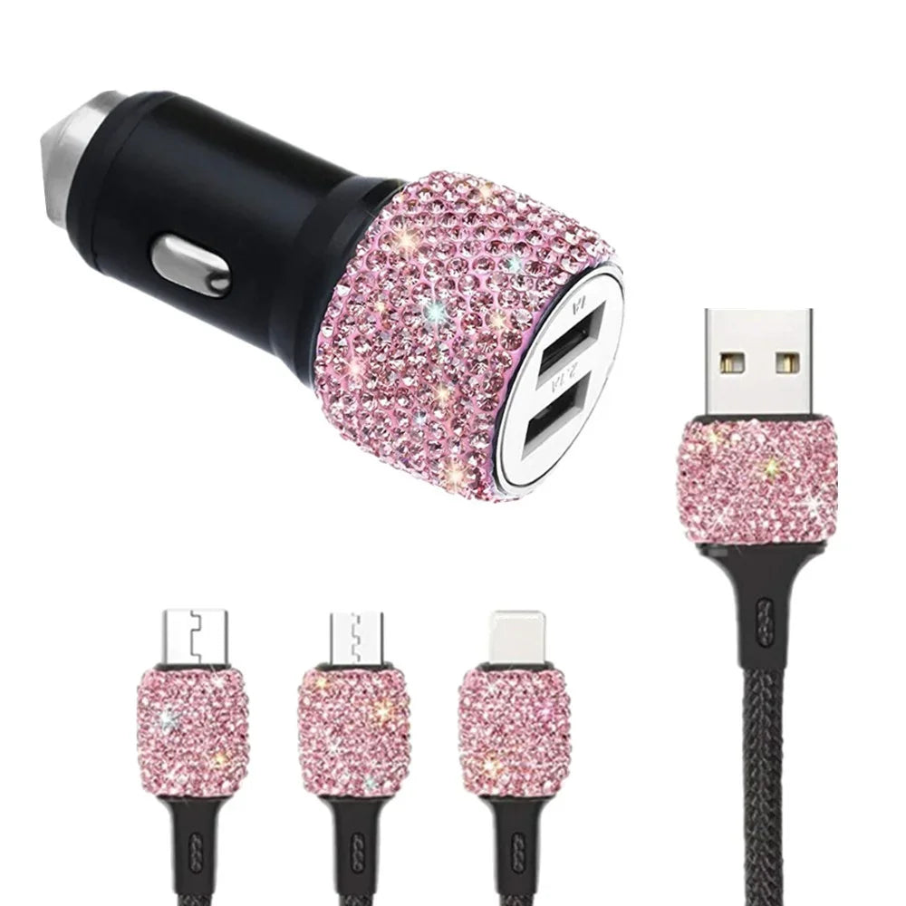 USB Car Charger 5V 2.1A Dual Port Fast Adapter Pink Styling Diamond Car Accessories