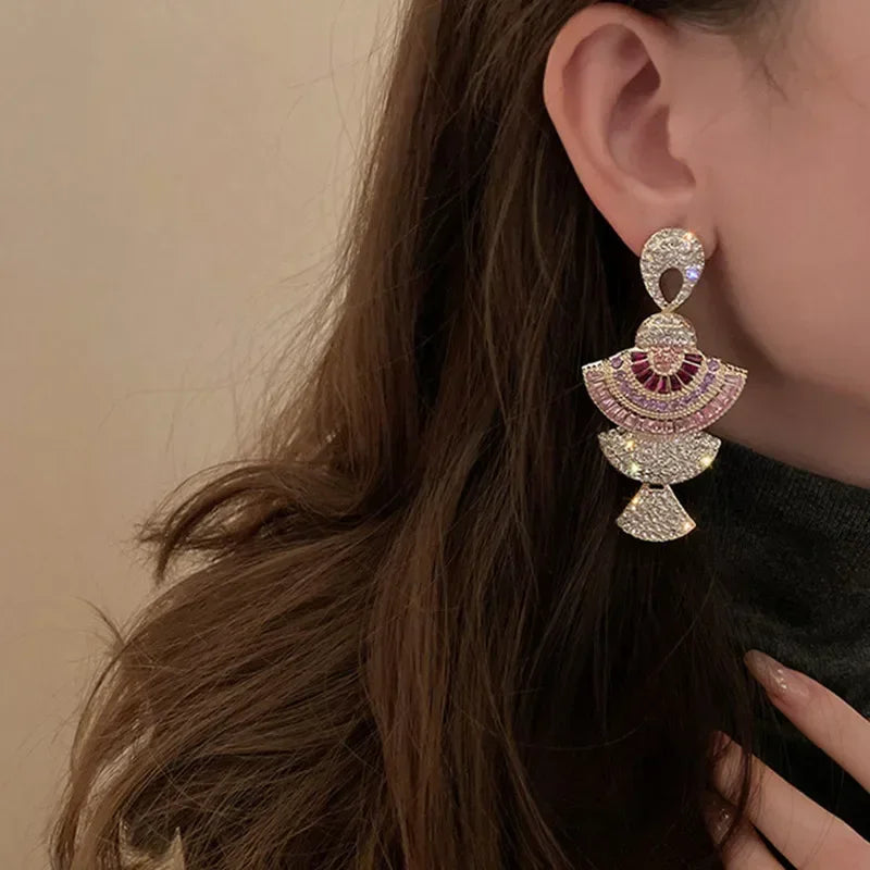 Vintage Baroque Style Geometric Drop Earrings Women Pink Crystal Sector Dangle Earrings Banquet Jewelry Accessories - Hiron Store