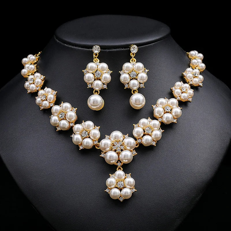 Fashion Women Bridal Elegant Wedding 3pcs/set Party Pearl Rhinestone Angle Necklace Earrings Jewelry Set Banquet Gift - Hiron Store