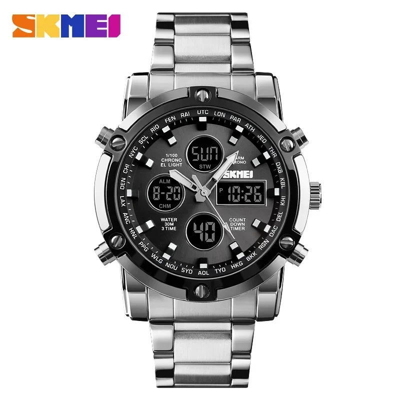 SKMEI 1389 Steel Strap Wristwatch Clock Relogio Masculino Digital Quartz Watches