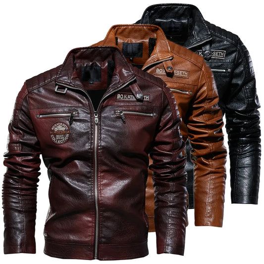 Leather Jacket Men Winter Fleece Motorcycle Faux Jackets Removable Fur Collar Windbreaker Slim Coat