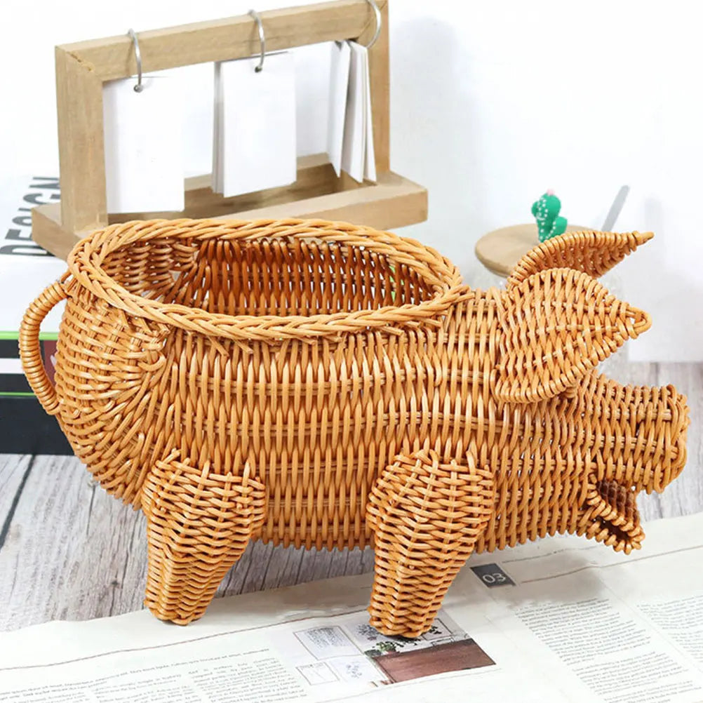 Imitation Rattan Woven Fruit Basket Pig Shaped Fruit Basket Food Serving Holder Plastic Imitation Rattan Woven Serving Baskets - Hiron Store