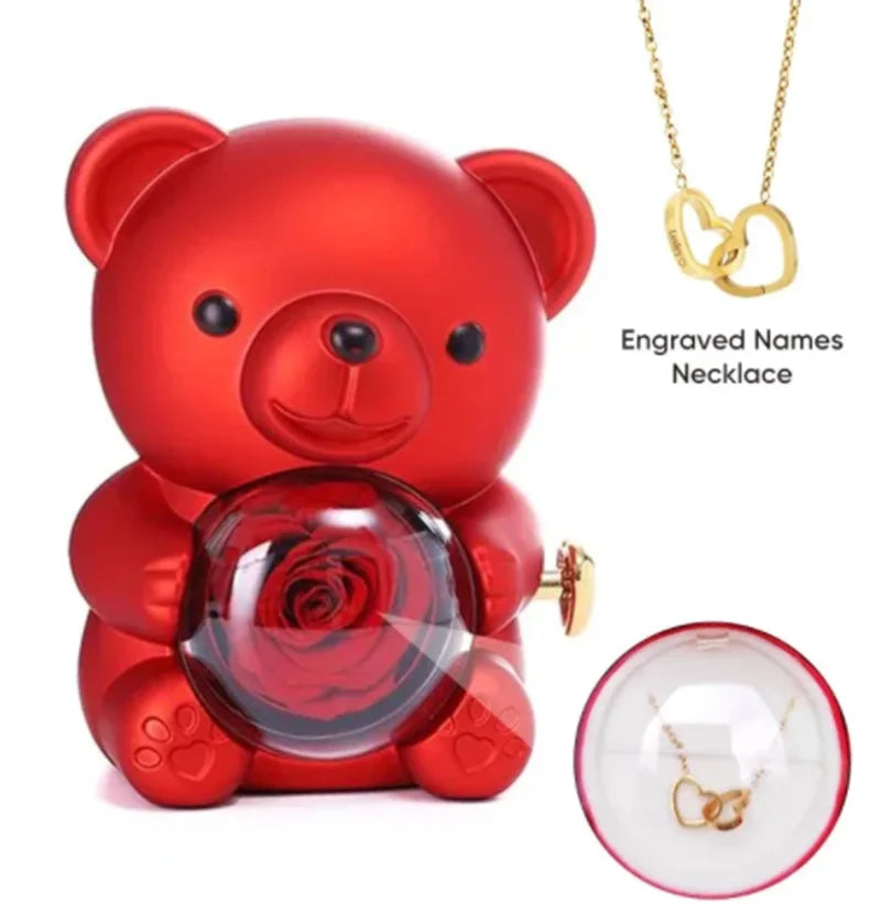 Eternal Rose Teddy Bear Gifts Box with Necklace Rotate Rose Jewelry Box