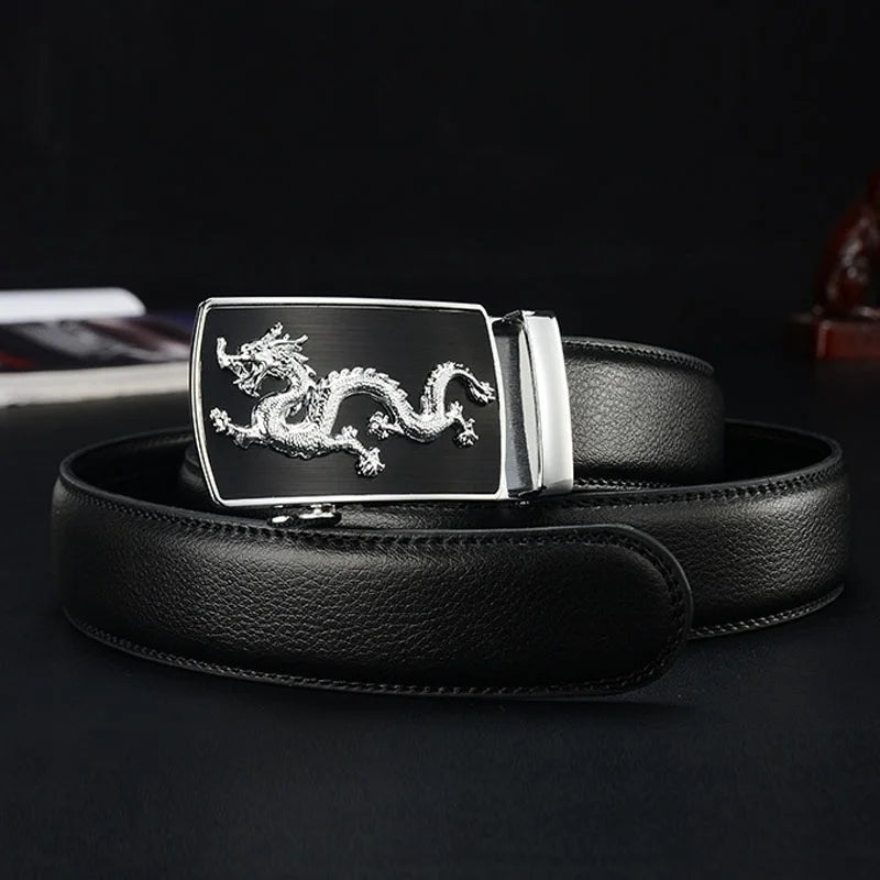 Men Automatic Buckle Dragon Leather Belts for Men Luxury Black Strap Waistband