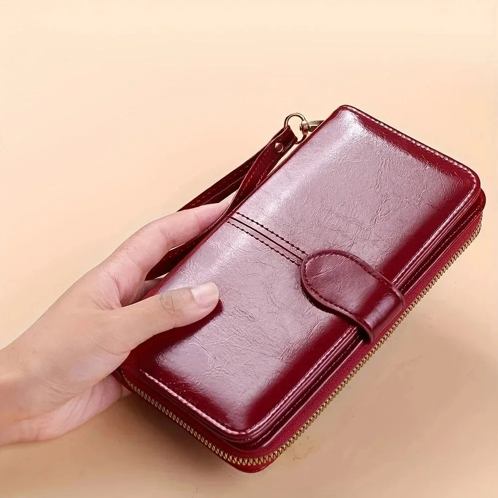 Women's Vintage Oil Wax PU Leather Clutch Wallet Female Large Capacity Phone Card Holder Pouch Bag