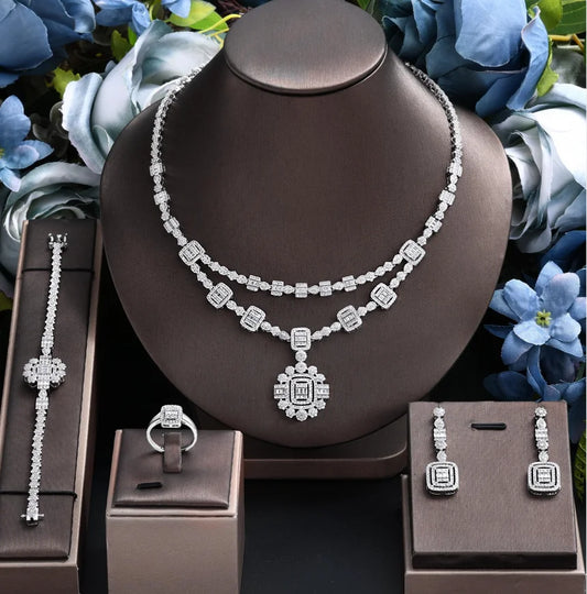 New Arrival 3A Zirconia Flower Pendant Dubai Bridal Full 4 Pieces Set for Bride Wedding Jewelry Set Fashion Party Accessories - Hiron Store