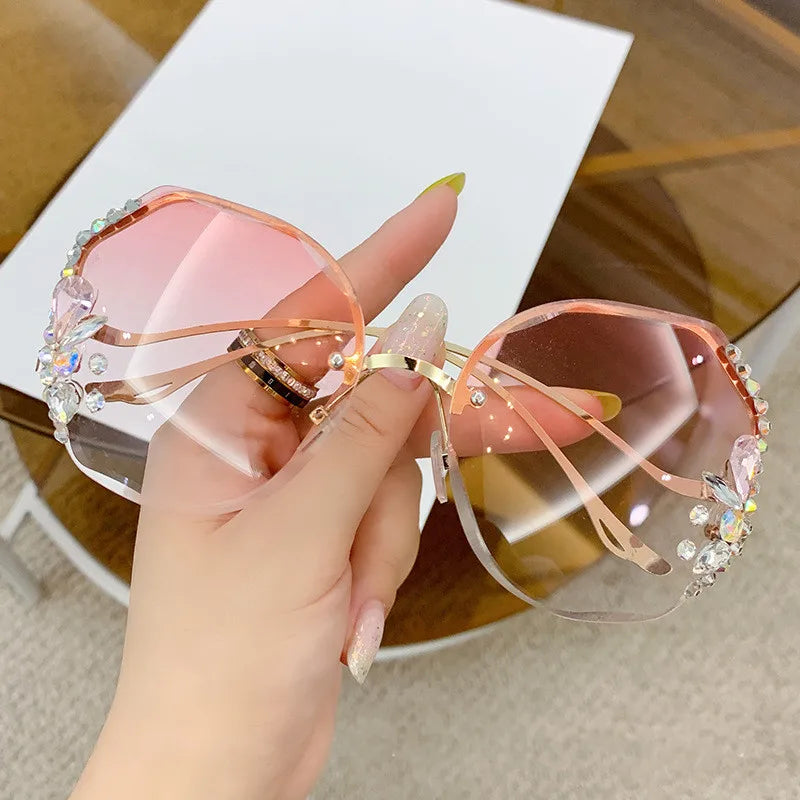 Luxury Fashion Oversized Rimless Sunglasses Women Fashion Brand Designer Big Frame Diamond Square Sun Glasses For Female - Hiron Store