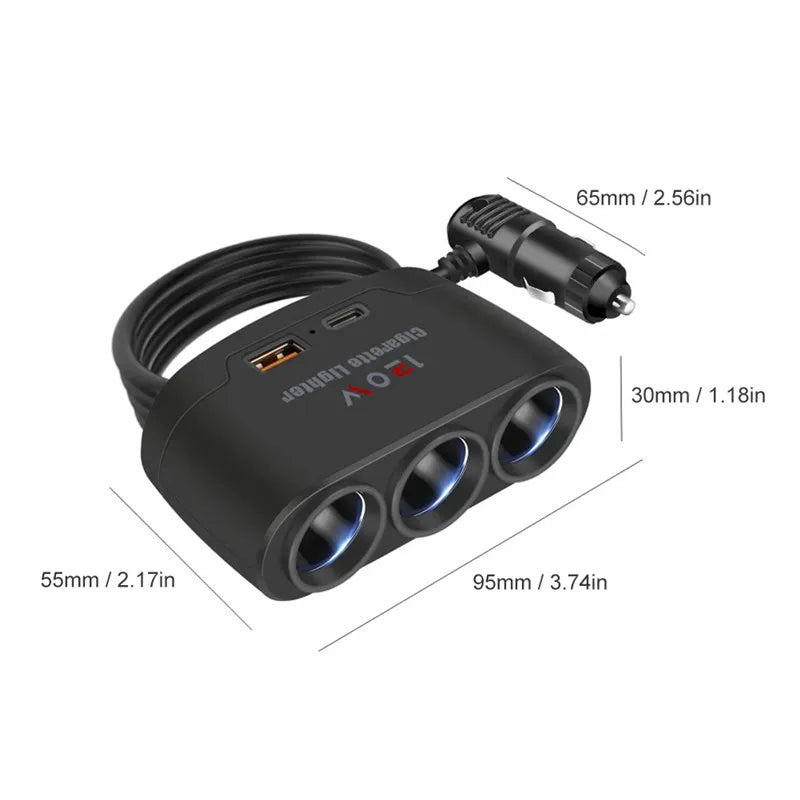 3 in 1 Dual USB Socket 120W Car Cigarette Lighter Splitter 12V 24V Fast Charger Plug Phone Power Adapter