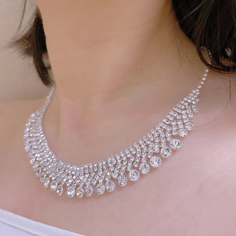 Crystal Necklace Earrings Elegant Romantic Wedding Jewellery Sets