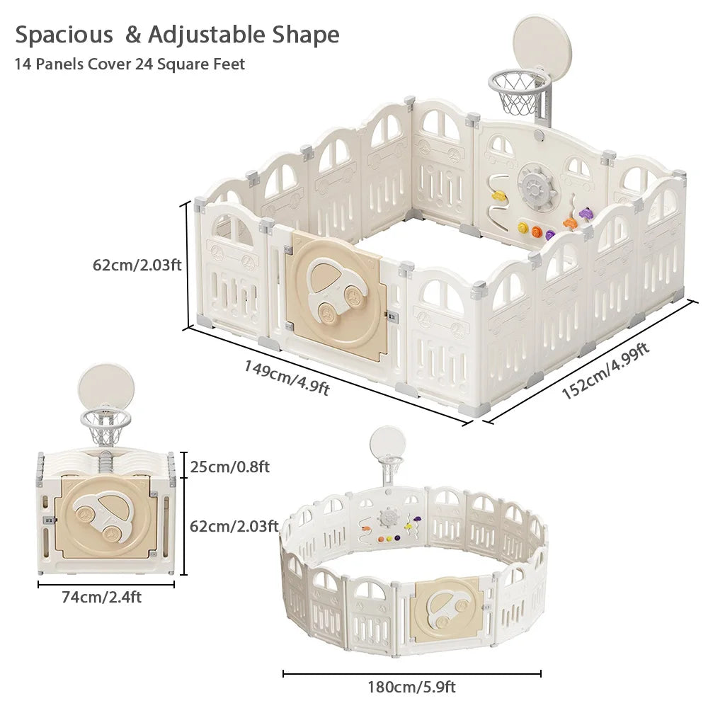 Foldable Baby Playpen with Basketball Hoop & 50Pcs Coloured Pit Balls,  Toddler and Baby Play pen  fence, 14-Panel