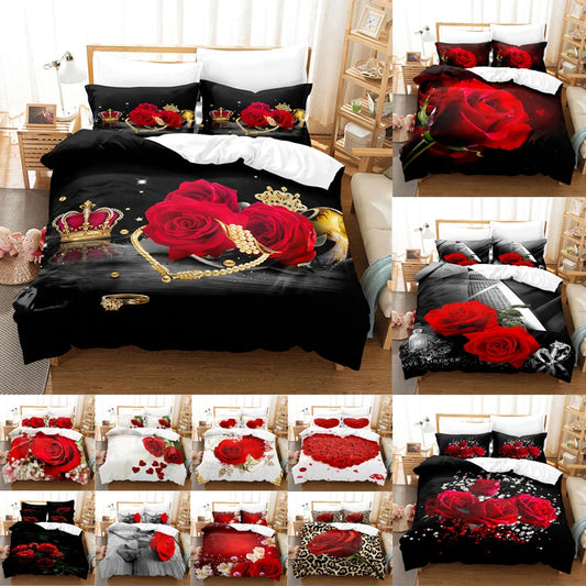 Red Roses Duvet Cover Set Queen Size King Full 3D Bedding Sets Flower Pillowcase