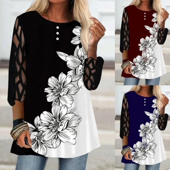 Spring and Autumn Women New Fashion Loose Casual T-Shirts Half Sleeve Mesh Sleeves Floral Print Round Neck Female Tops - Hiron Store