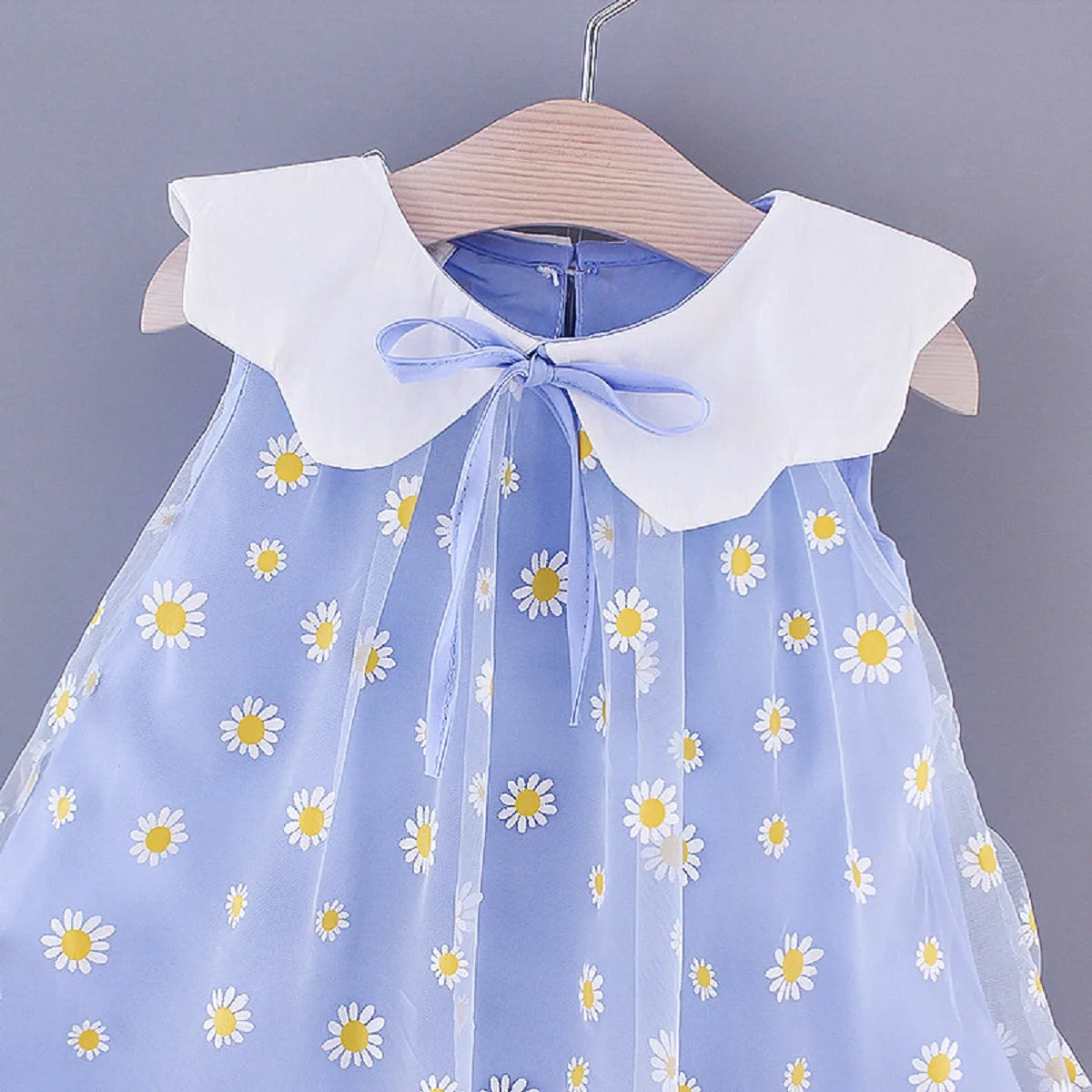 Summer girls' small daisy printing mesh doll collar sleeveless sweet dress