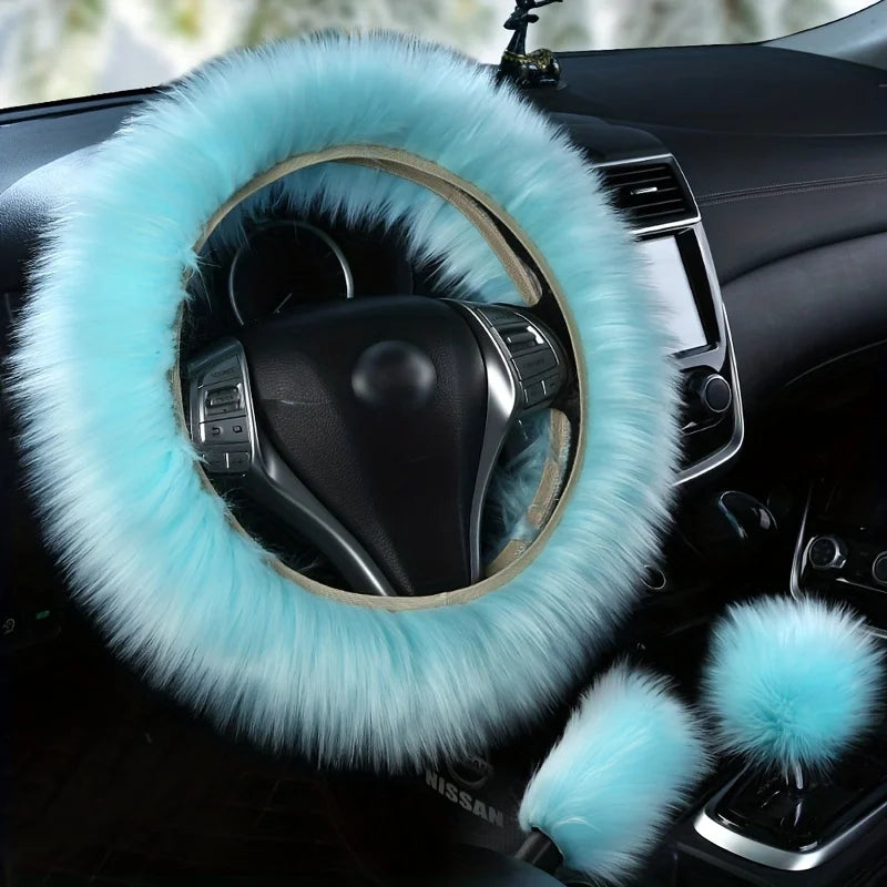 3pcs/set Car Steering Wheel Cover Gear Shift Handbrake Fuzzy Cover Winter Warm Fashion Universal Car Interior Accessories - Hiron Store