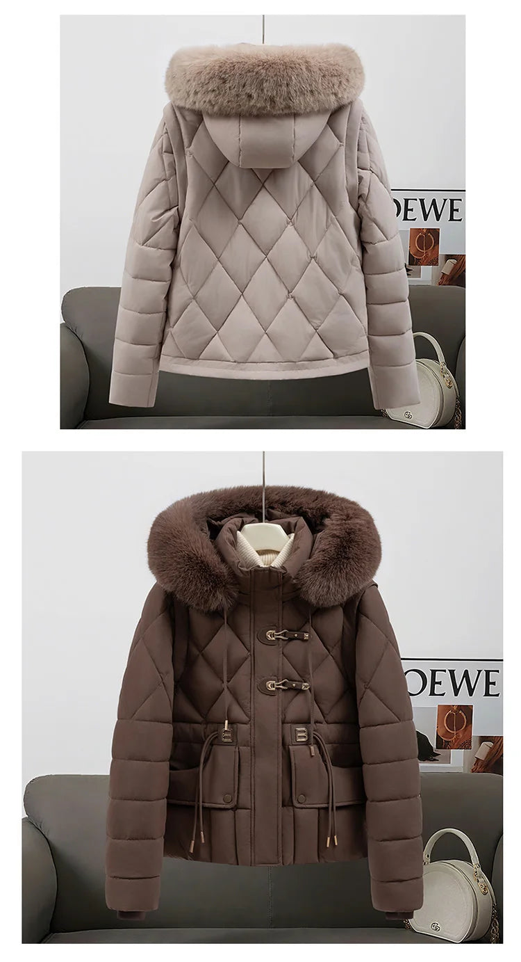 2026 New Women's down Cotton Jacket Short Thickened Large Fur Collar Loose Winter Coat
