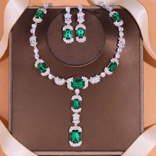 Stonefans Green Crystal African Jewelry Set Square Drop for Women Luxury Zircon Necklace Earrings Bridal Jewelry Set Accessories - Hiron Store