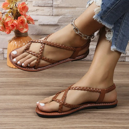 Flat Sandals, New Summer 2024 Solid Color Woven Herculean Flip-toe Sandals, Women Wear Beach Sandals - Hiron Store