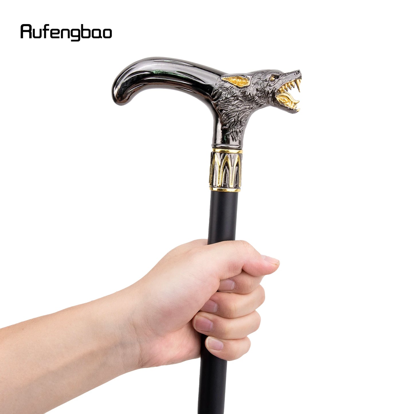 Golden Black Wolf Head Biting Walking Cane Fashion  Walking Stick Gentleman Elegant Cosplay Cane  93cm