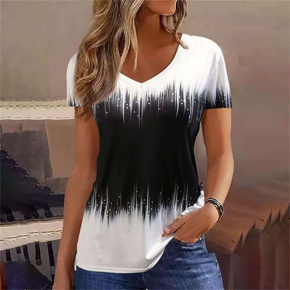 Fashion Women T Shirt Stripes Print Gradient V Neck Short Sleeve Basic Tops Streetwear Summer Oversized Clothing Female T-Shirts - Hiron Store