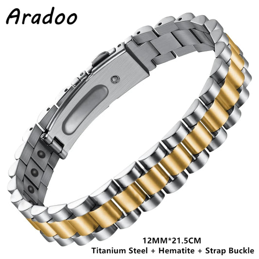 Titanium Steel Bracelet Stainless Steel Hematite Magnetic Link Bracelet for Men Women with Adjustable Tool