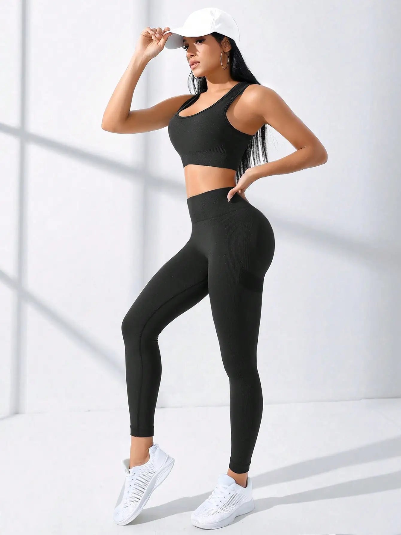 Yoga Basic 2pcs Seamless High Stretch Yoga Set Tracksuit Gym Set Crisscross Back Cami Hip-hugging Tummy Control Leggings - Hiron Store