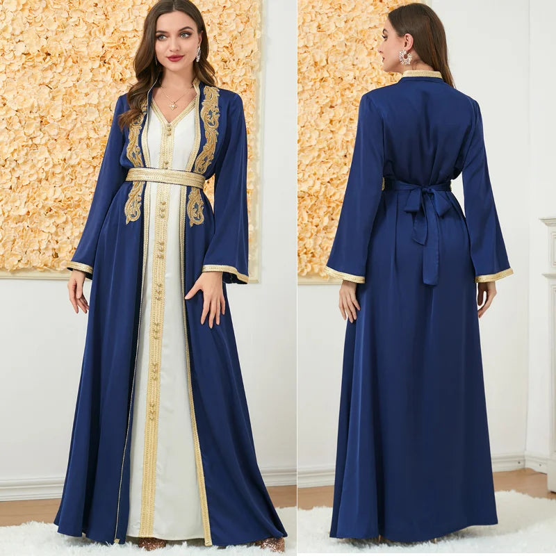 Muslim Women Long Sleeve V-neck Polyester  2 Pieces Dress  Matching Sets Muslim Abaya