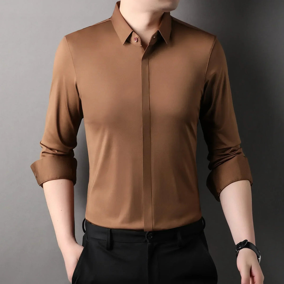 High end Mulberry Silk Dress Shirts, Business  Men Wrinkle Resistant, Button Invisible Elastic Tops, Luxurious Male  Clothing