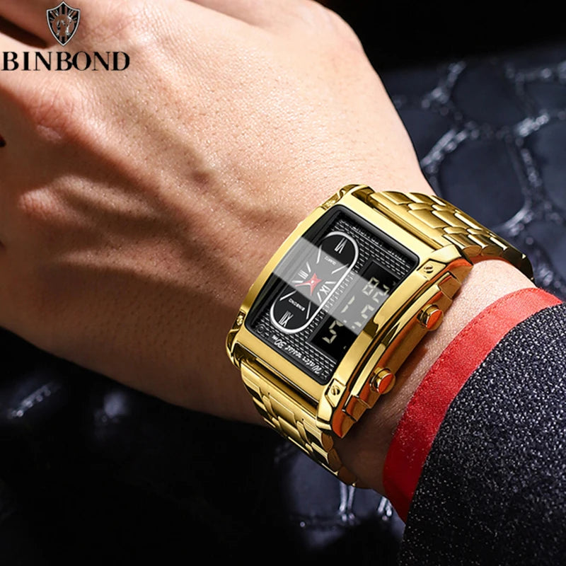 BINBOND Brand Luxury Watches for Men Fashion Quartz Wristwatch Square Gold Stainless Steel Watche