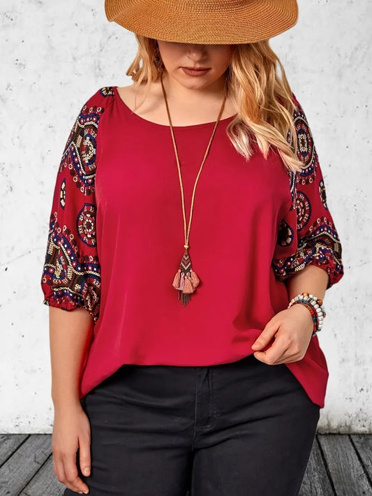 Plus Size 1XL-5XL Women's Floral Printed T-shirt with A Quarter Sleeve Casual Top and Fashionable Round Neck T-shirt - Hiron Store