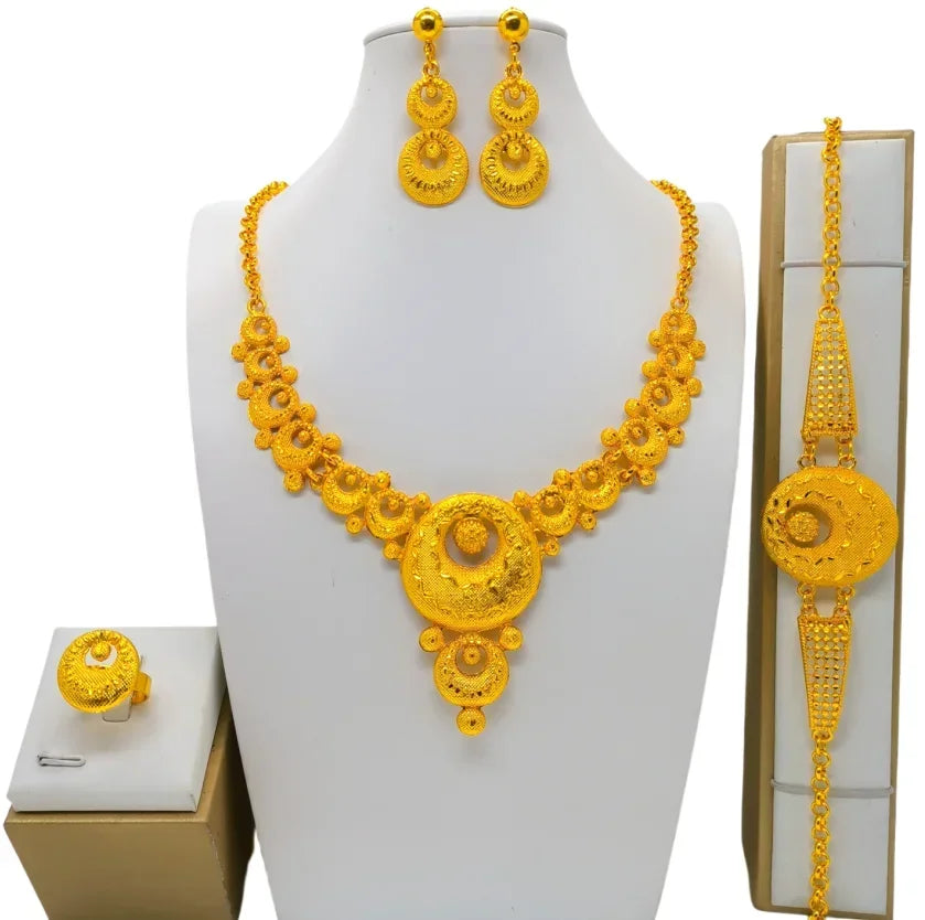 Fashion India Latest Design Jewelry Luxury African Jewelry Necklace Earrings Ring Bracelet Set Dubai Gold Color