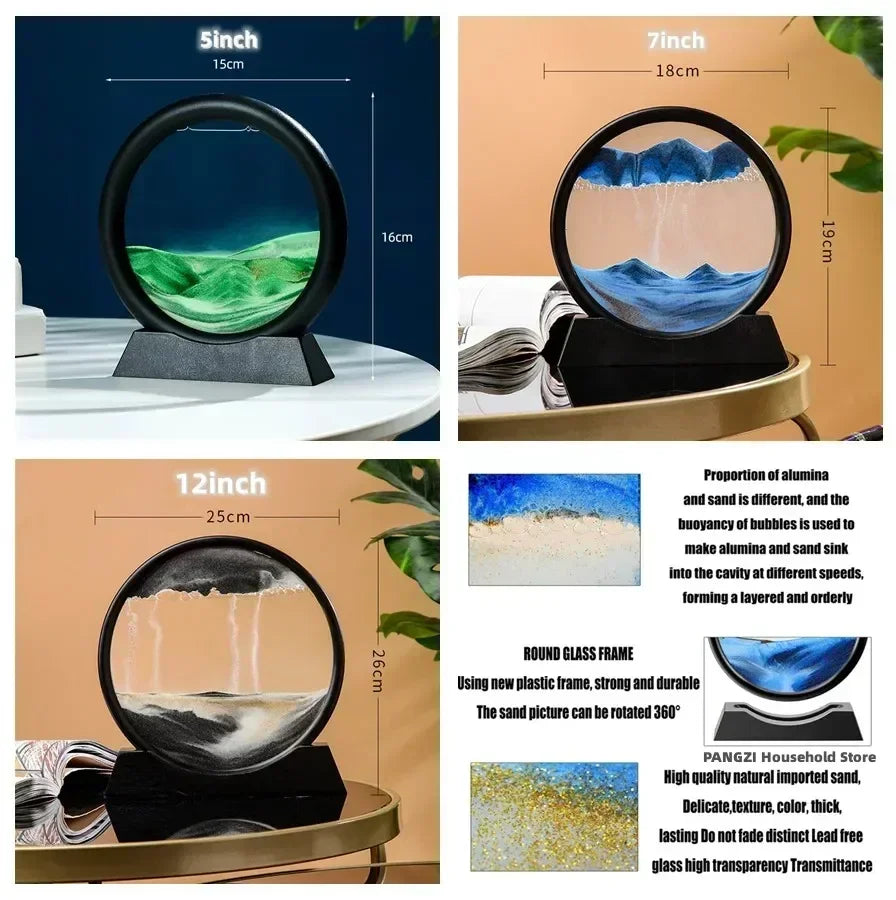 3D Moving Sand Art Picture Round Glass Deep Sea Sandscape Hourglass Quicksand Craf