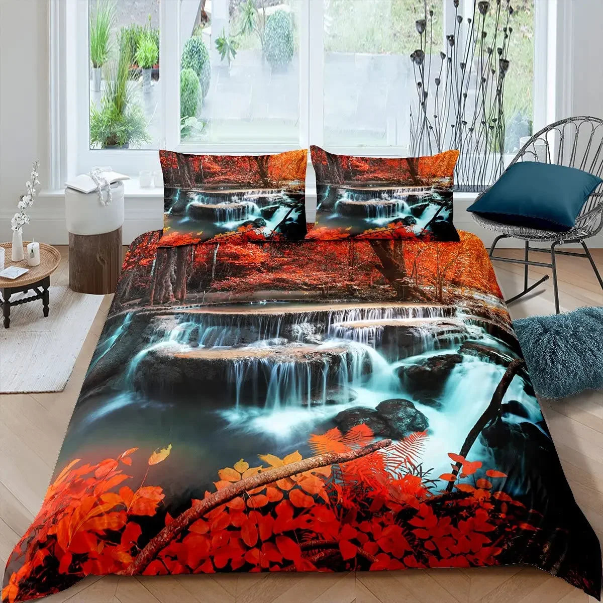Waterfall Duvet Cover Set Natural Scenery Quilt Cover Pillowcase Landscape Forest Queen Size Polyester Bedding Set