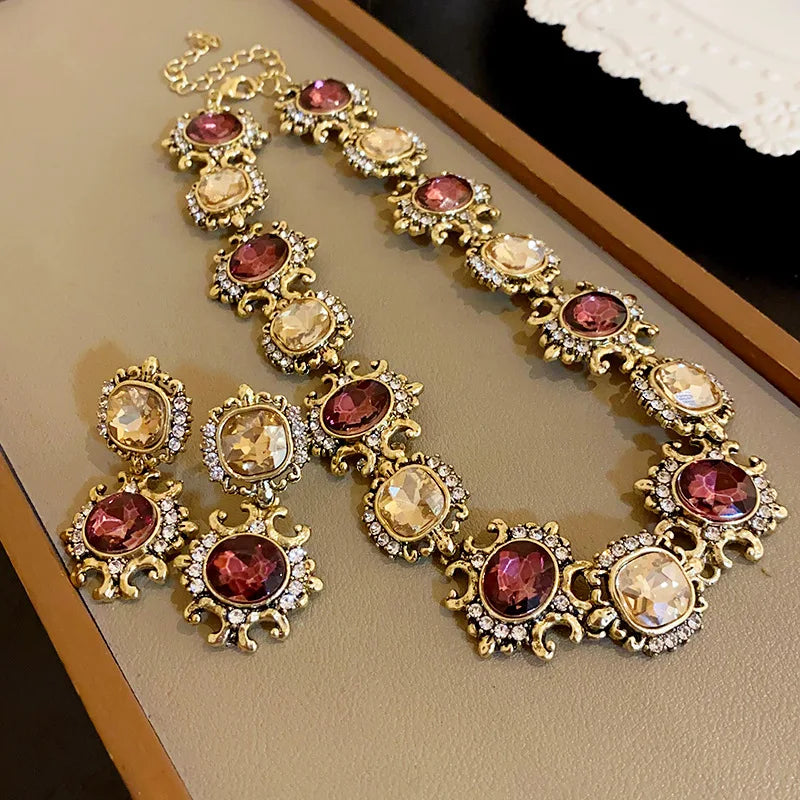 Baroque Style Necklace Earrings For Women Brown Crystal Jewelry Sets