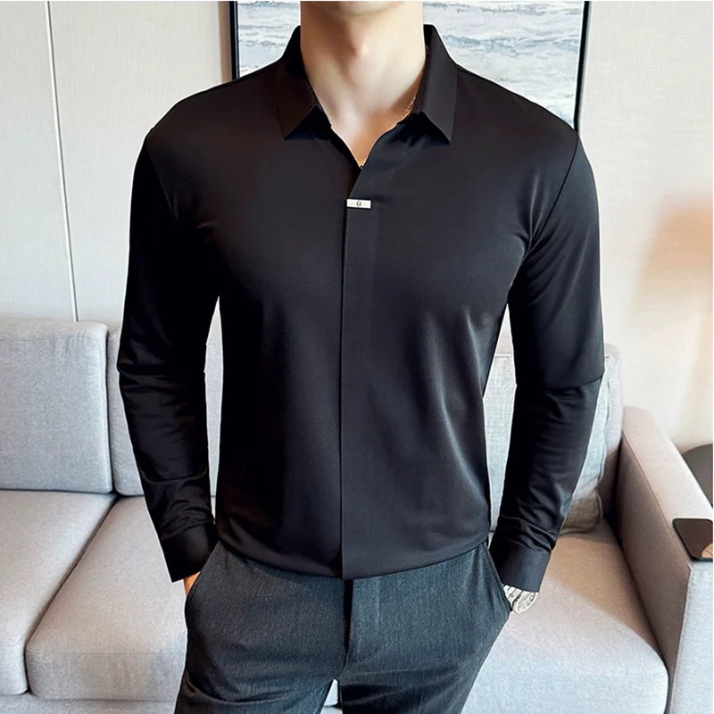 High Elastic V-neck Non-marking POLO Shirt, Autumn Long sleeved Casual Business, Solid Color  T-shirt, Men's Clothing