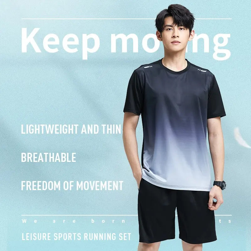 Fitness Clothes Men'S Ice Silk Quick-Dry Sportswear Set Summer Short-Sleeved T-Shirt Morning Running Basketball Training Room Sh - Hiron Store