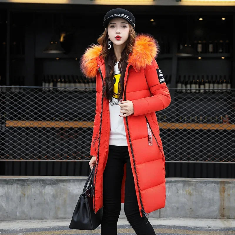 Women's Winter Jacket Big Fur Collar Thick Slim Coat Hooded Cotton Outerwear