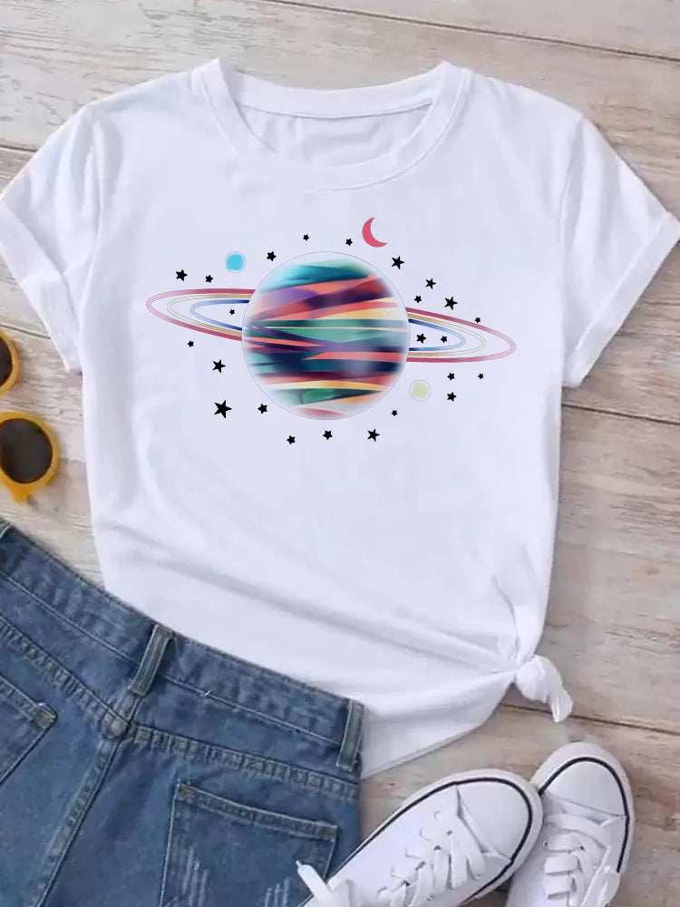 Women Moon Planet Print Round Neck Short Sleeve Streetwear Female T-Shirt  Tops