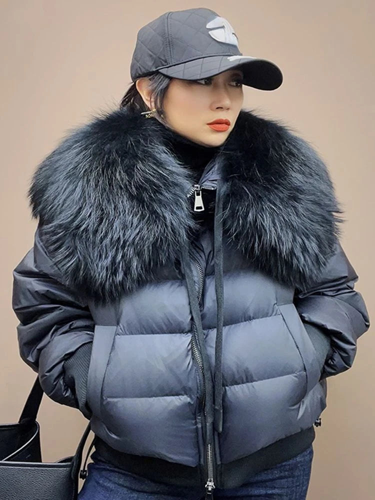 2024 Winter Puffer Jacket Women Large Fur Collar Short Female Parkas Thick Warm 90% Goose Down Coat Loose