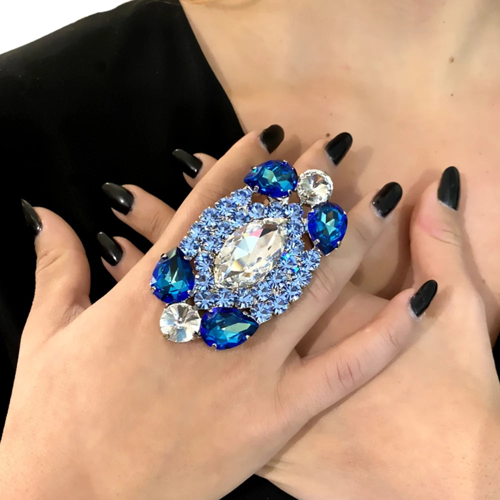 Full Blue Crystal Big Rings Morocco Banquet Wedding Ring Jewellery