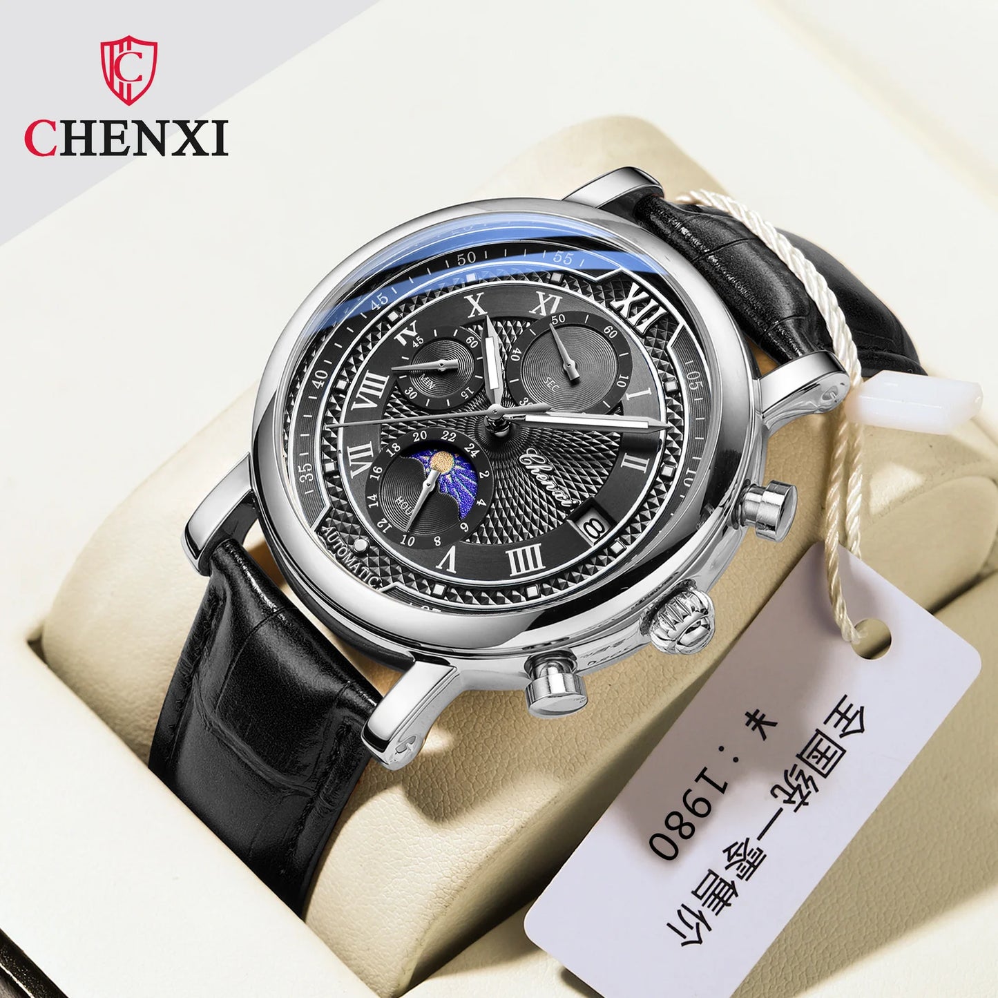 Men's Watch Leather Chronograph Date Quartz Watches Phase Moon Luminous Wrist Watch