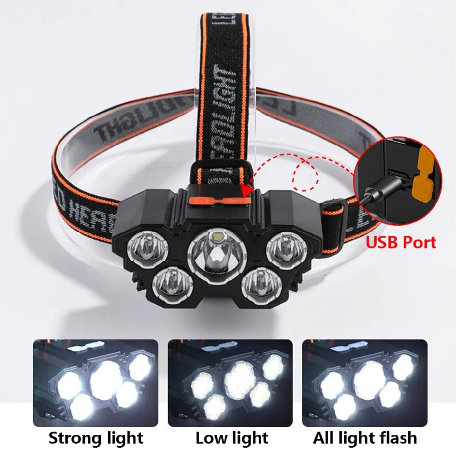 5 LED Headlamp Rechargeable with Built in 18650 Battery Strong Light Headlight Camping Adventure Fishing Head Light Flashlight - Hiron Store