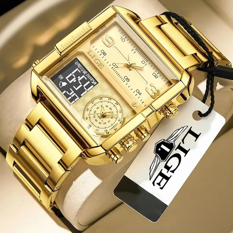 LIGE Luxury Original Men Sports Wrist Watch Gold Quartz Steel Waterproof Watches