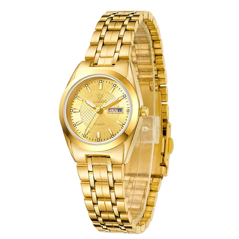 Men's and women Wristwatch Quartz Movement Stainless Steel Strap Time Date Casual Gold Watch