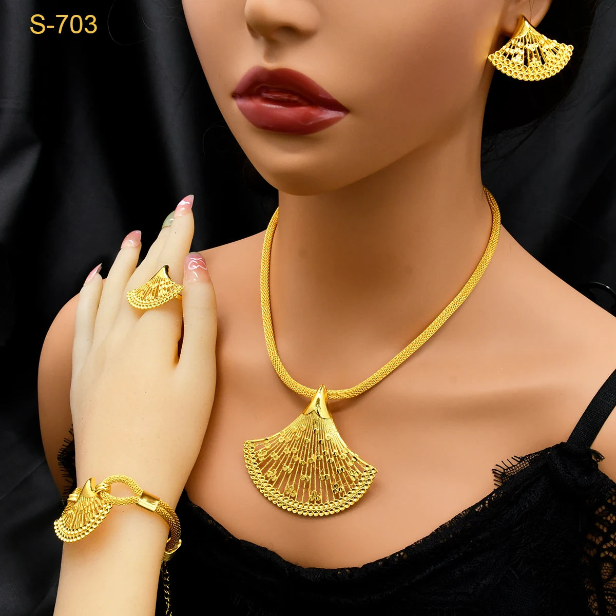 ANIID Fashion Indian 24k Gold Color Fan Shape Pendant Necklace Earrings Ring Sets for Lady Dubai Arab Big Jewelry Set Gifts - Hiron Store