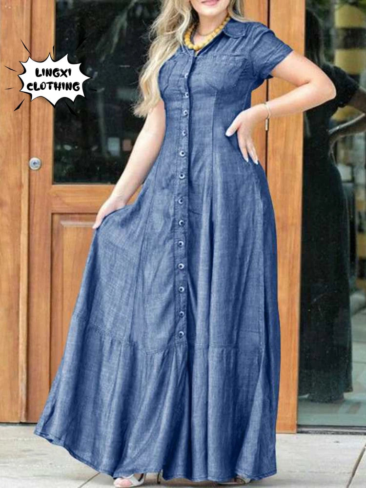 New Long Dress Shirt Neck Pocket Large Swing Dress Casual Elegant Temperament Single Breasted Denim Dress - Hiron Store