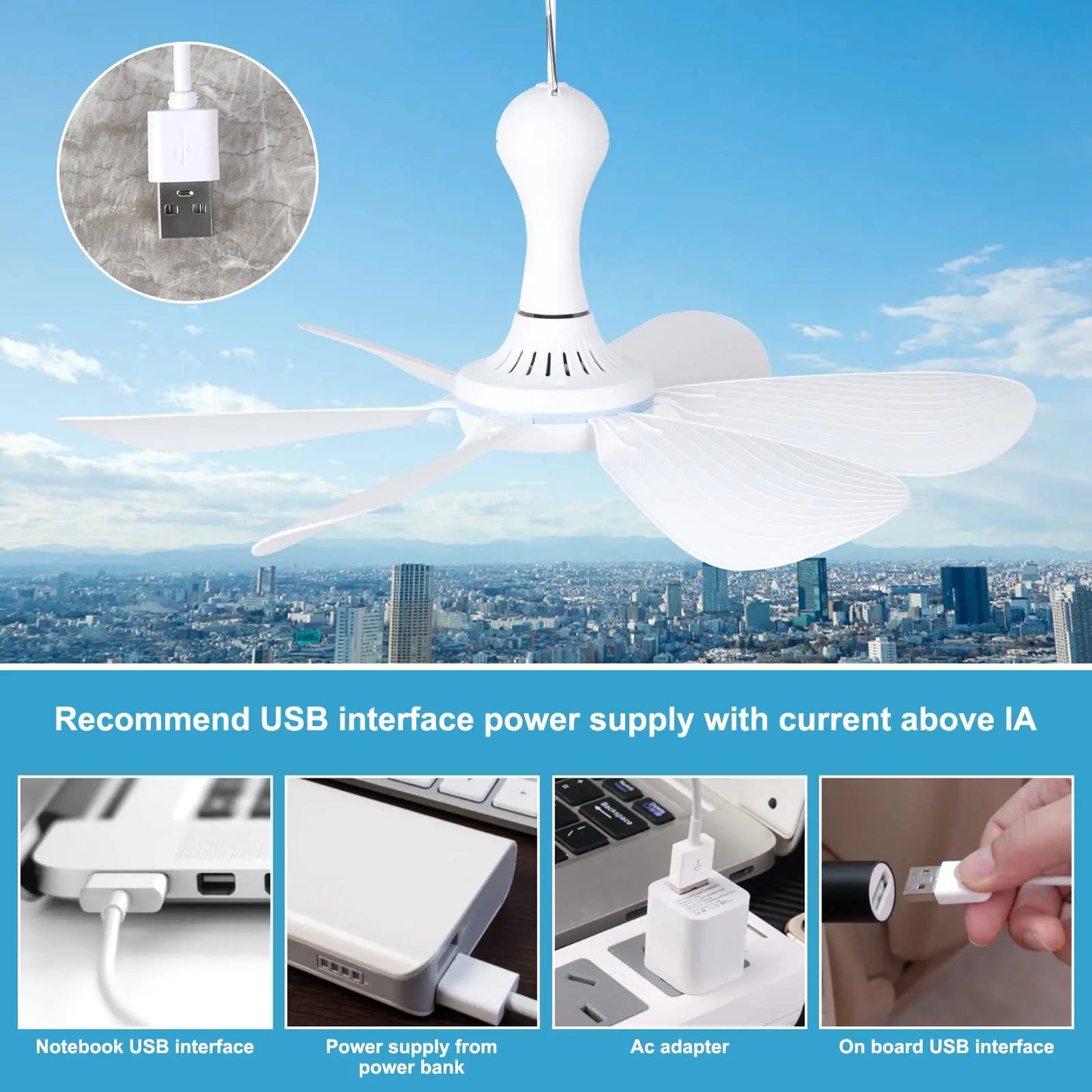 Silent 6 Leaves USB Powered Ceiling Canopy Fan with Remote Control Timing 4 Speed Hanging Fan